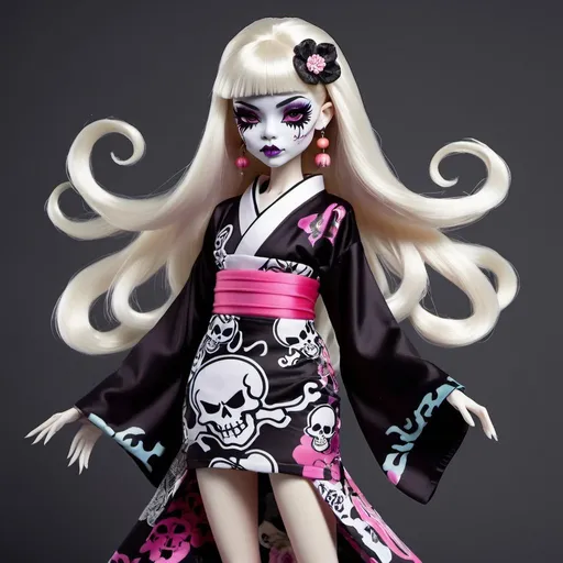 Prompt: A ghostly girl in the style of Monster High dressed up in a hip dress that is a mix between traditional Japanese kimono and punk. She has very long white hair with a single streak of black. Her pupils are shaped like skulls. 