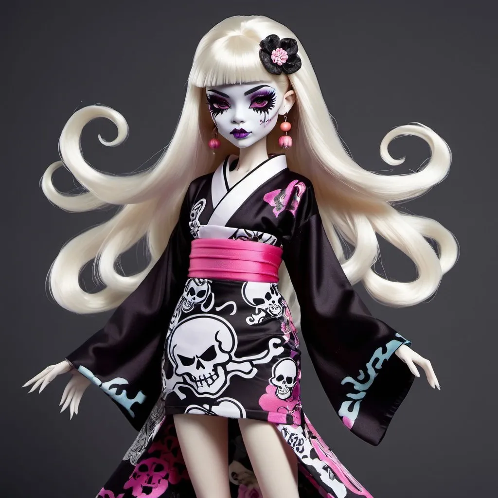 Prompt: A ghostly girl in the style of Monster High dressed up in a hip dress that is a mix between traditional Japanese kimono and punk. She has very long white hair with a single streak of black. Her pupils are shaped like skulls. 