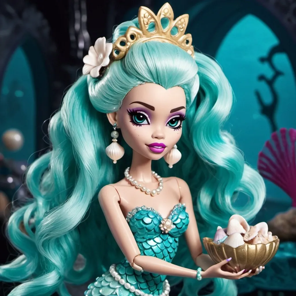 Prompt: Lagoona Blue from Monster High dressed up in a detailed mermaid inspired Ball Gown with many decorative elements such as seashells and pearls. Her hair is in an intricate up-do adorned with pearls. 