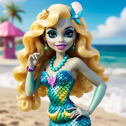 Prompt: Lagoona Blue from Monster High in a realistic style at the beach. Skin is blue with mermaid scales. Blue skin. Blonde yellow hair that is wavy and long with seashell hair clips. She is in a mermaid style beach outfit. She has sharp teeth.