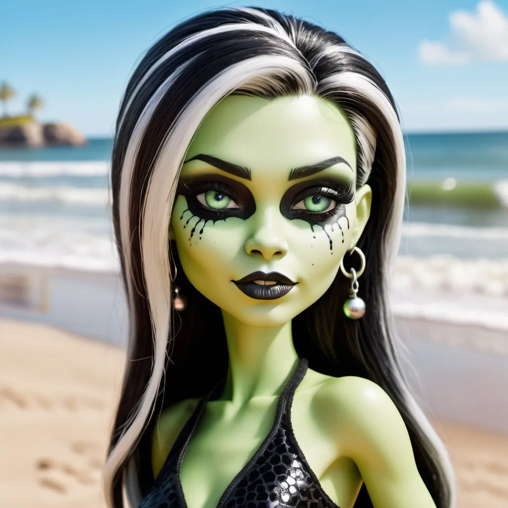 Prompt: Frankie Stein from Monster High at the beach in a realistic style. Hair color is black and white. Skin is green. One eye green one eye blue.
