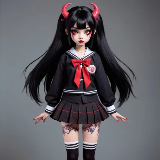 Prompt: A Japanese school girl demon in the style of Monster High. She is wearing a traditional Japanese high school uniform with loose tall socks and platform Demonia goth boots. Her hair is long and black with a few red streaks, it appears to have a life of its own and begins to rise up to the sky towards the ends of her hair. 