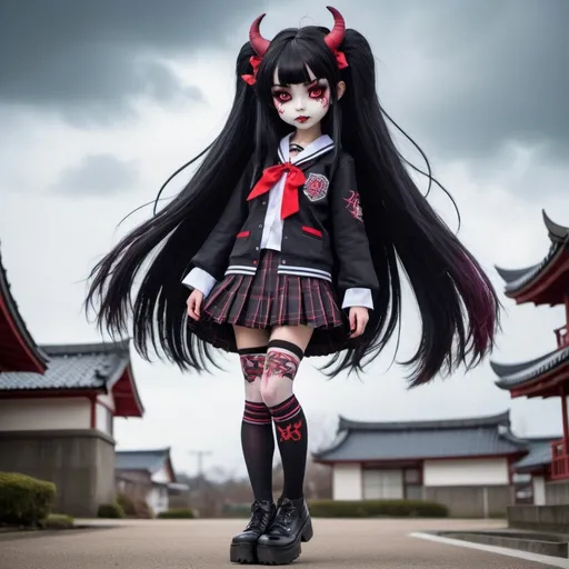 Prompt: A Japanese school girl demon in the style of Monster High. She is wearing a traditional Japanese high school uniform with loose tall socks and platform Demonia goth boots. Her hair is long and black with a few red streaks, it appears to have a life of its own and begins to rise up to the sky towards the ends of her hair. 