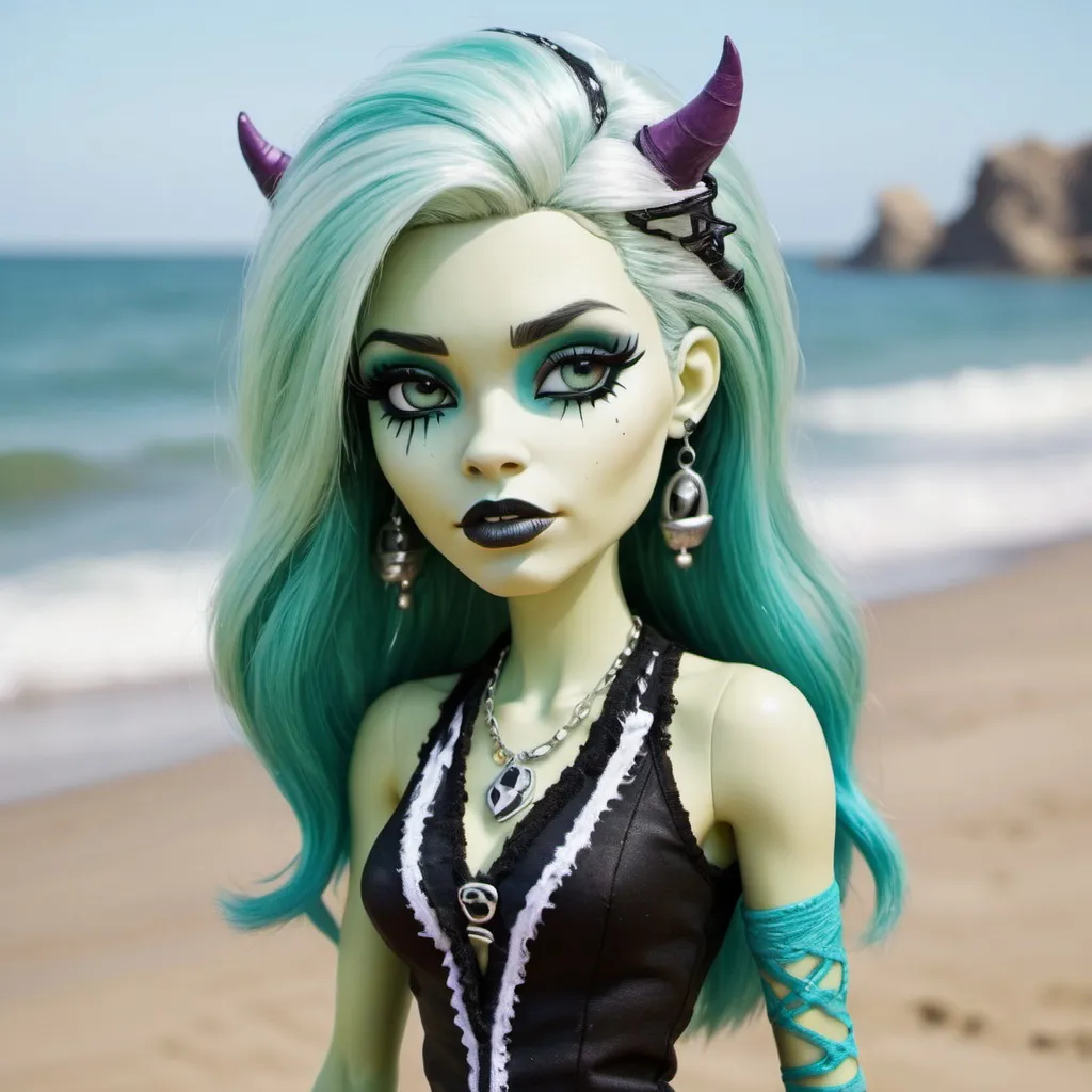 Prompt: Frankie Stein from Monster High at the beach in a realistic style
