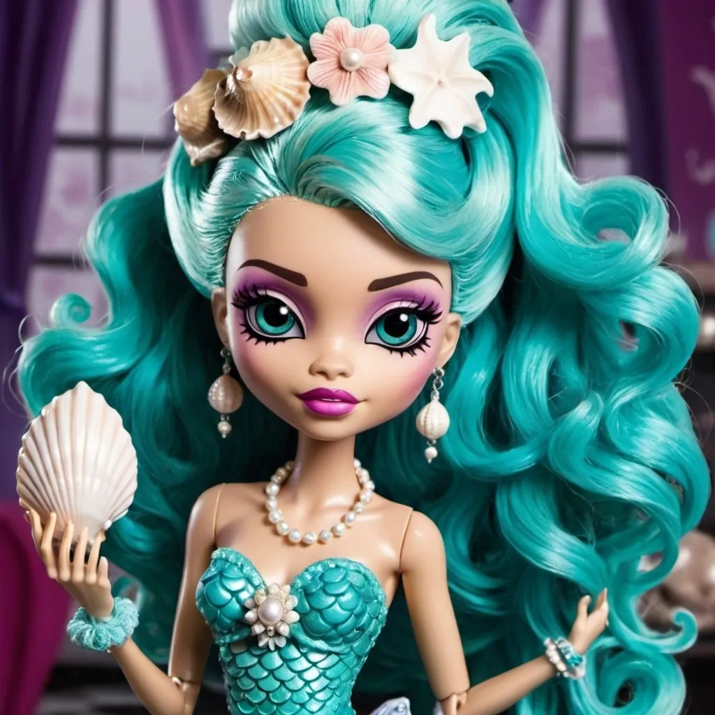 Prompt: Lagoona Blue from Monster High dressed up in a detailed mermaid inspired Ball Gown with many decorative elements such as seashells and pearls. Her hair is in an intricate up-do adorned with pearls. 