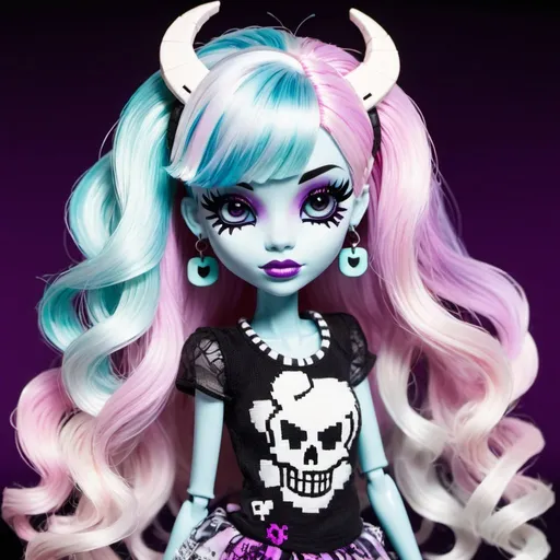 Prompt: A Monster High character that is a ghost girl. She plays video games. She has pixelated eyes but normal body. She has hair that changes color. Pastel goth. 