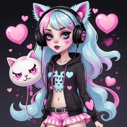Prompt: Video game monster girl in the style of Monster High. She is the ghost of a gamer girl that haunts electronic devices. Pastel goth creepy kawaii style clothing, she wears a headset with cat ears and pink tall platform boots decorated with hearts and gamer motifs
