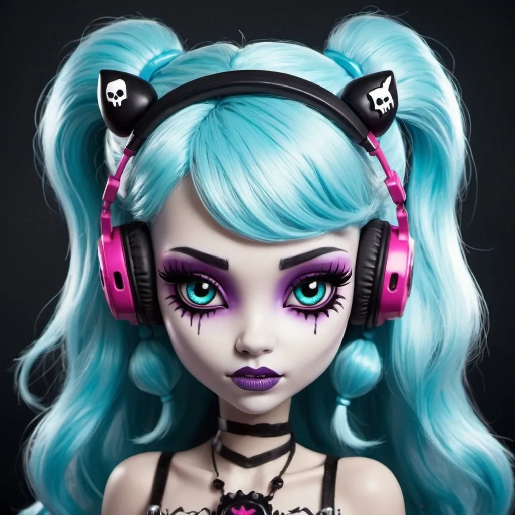 Prompt: Video game monster girl in the style of Monster High. She is the ghost of a gamer girl that haunts electronic devices. 
