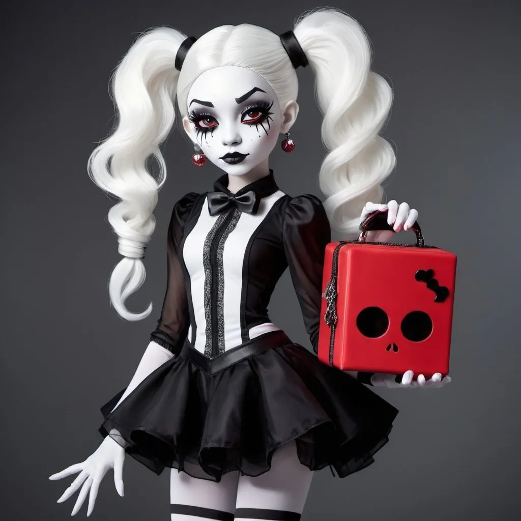 Prompt: A Mime monster girl in the style of Monster High. Half black half white hair in long ponytails. Her shoes are intricately designed and her costume is entirely black and white except for a red purse shaped like a see-through cube box. 