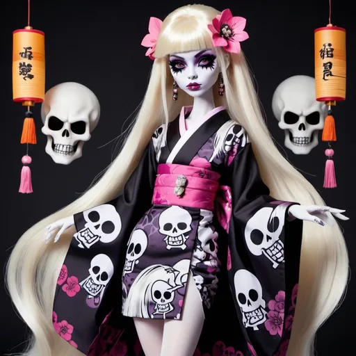 Prompt: A ghostly girl in the style of Monster High dressed up in a hip dress that is a mix between traditional Japanese kimono and punk. She has very long white hair with a single streak of black. Her pupils are shaped like skulls. 