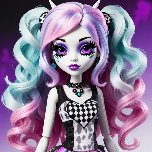 Prompt: A Monster High character that is a ghost girl. She plays video games. She has pixelated eyes but normal body. She has hair that changes color. Pastel goth. 