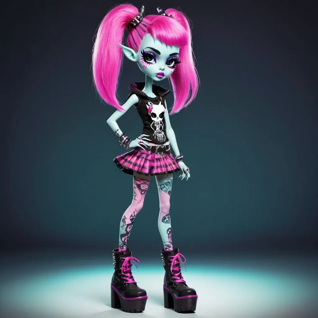 Prompt: An alien girl who is punk in the style of Monster High. She wears punk style clothes and has tall platform boots. 