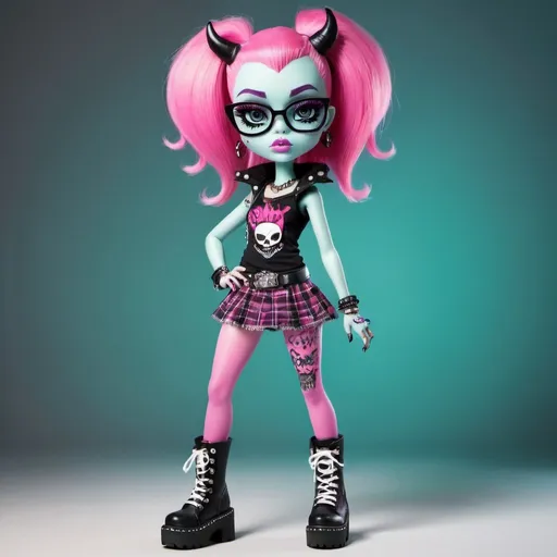 Prompt: An alien girl with four eyes who is punk in the style of Monster High. She wears punk style clothes and has tall platform boots. Curvy pear style body. 