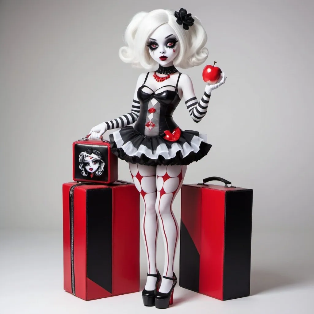 Prompt: A Mime monster girl in the style of Monster High. Half black half white hair. Curvy body in a pear shape. Her shoes are intricately designed and her costume is entirely black and white except for a red purse shaped like a see-through cube box. Her eye color is red. 
