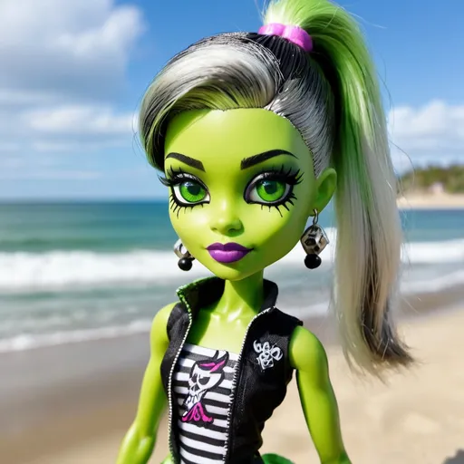 Prompt: Frankie Stein from Monster High at the beach. Skin has stitches. Green skin. Black and white hair in a high ponytail. One green eye one blue eye.