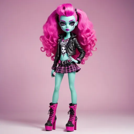 Prompt: An alien girl with deep pink skin in the style of Monster High. She wears punk style clothes and has tall platform boots. Curvy pear style body. 