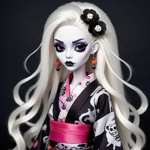 Prompt: A ghostly girl in the style of Monster High dressed up in a hip dress that is a mix between traditional Japanese kimono and punk. She has very long white hair with a single streak of black. Her pupils are shaped like skulls. 