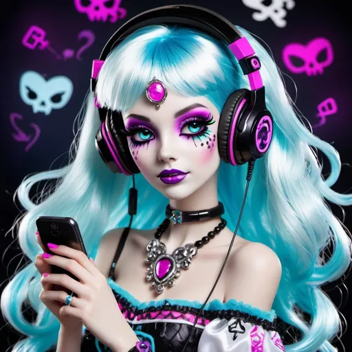 Prompt: A ghost girl in the style of Monster High. She is the ghost of a gamer girl that haunts electronic devices. She has very long nails with decora charms. She wears a headset. 