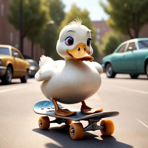 Prompt: A realistic skateboarding duck in the style of Pixar