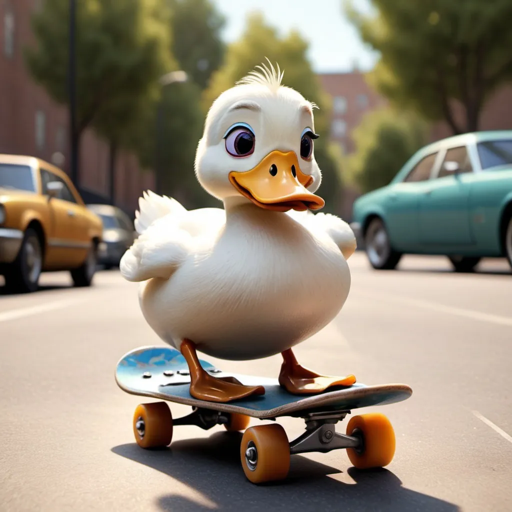 Prompt: A realistic skateboarding duck in the style of Pixar