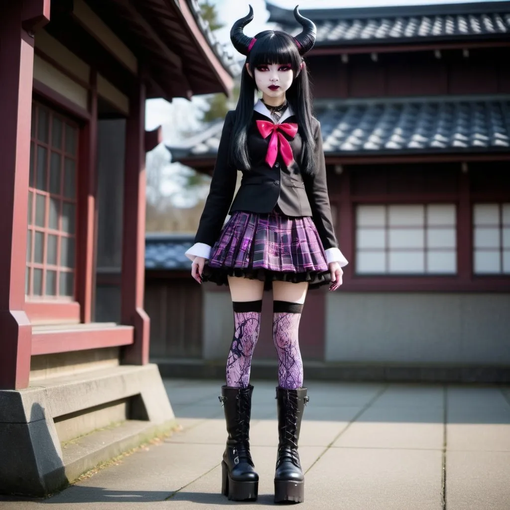 Prompt: Japanese school girl demon in style of Monster High. she wears very tall platform goth boots. 