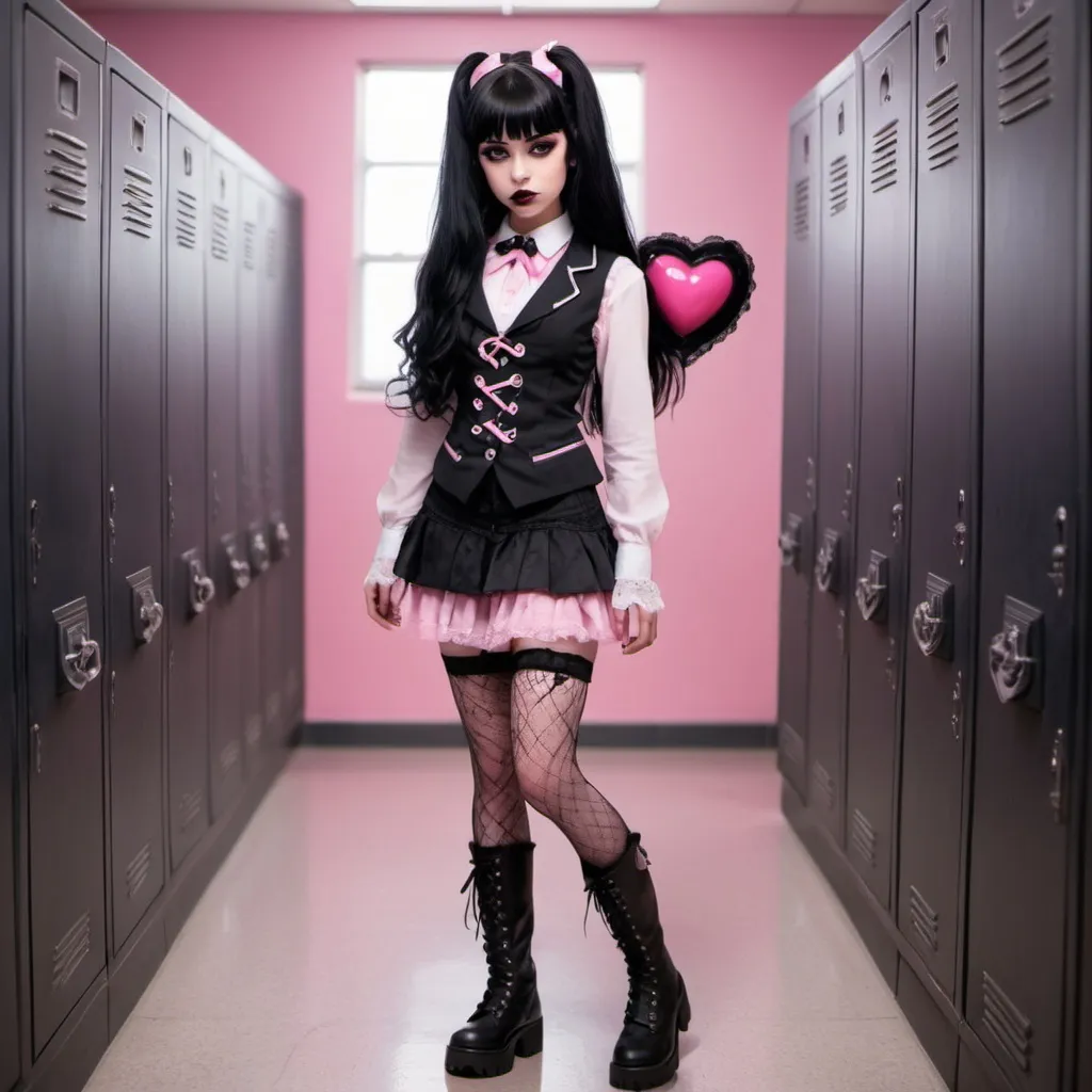 Prompt: A young vampire woman with light pink skin and long black hair with pink highlights. She has a single pink heart on her left cheek. She is wearing a pink vest with a lacey white Victorian style collared shirt underneath, and a white mini skirt with black fishnets underneath and her boots are pink platform boots with black laces. Her style is cute lolita goth, in the style of Monster High. She is in a school surrounded by lockers. 