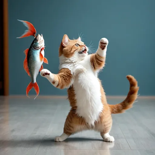 Prompt: a cat dancing with a fish