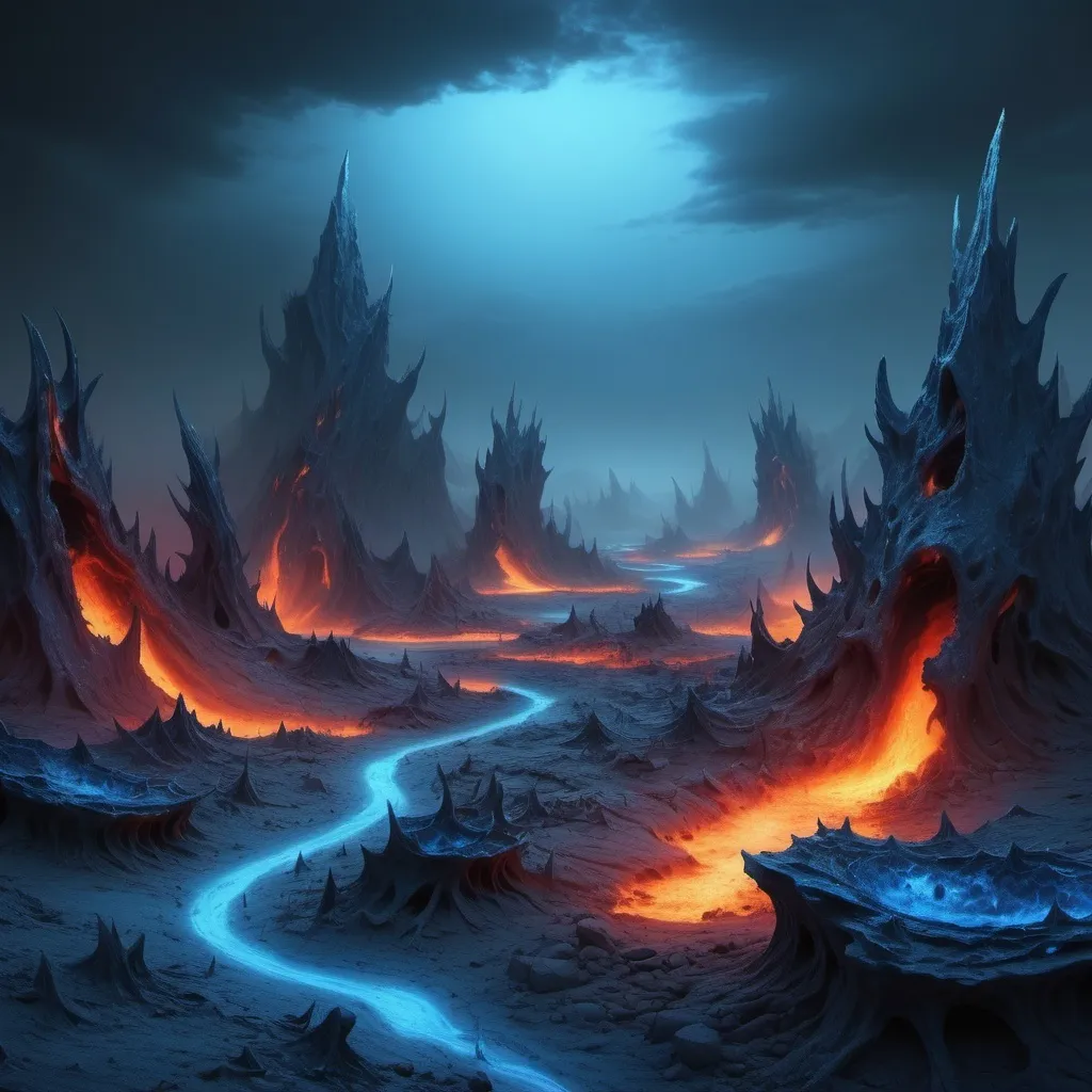 Prompt: A hell landscape with a blue feel not any hot temperature, no fear creature