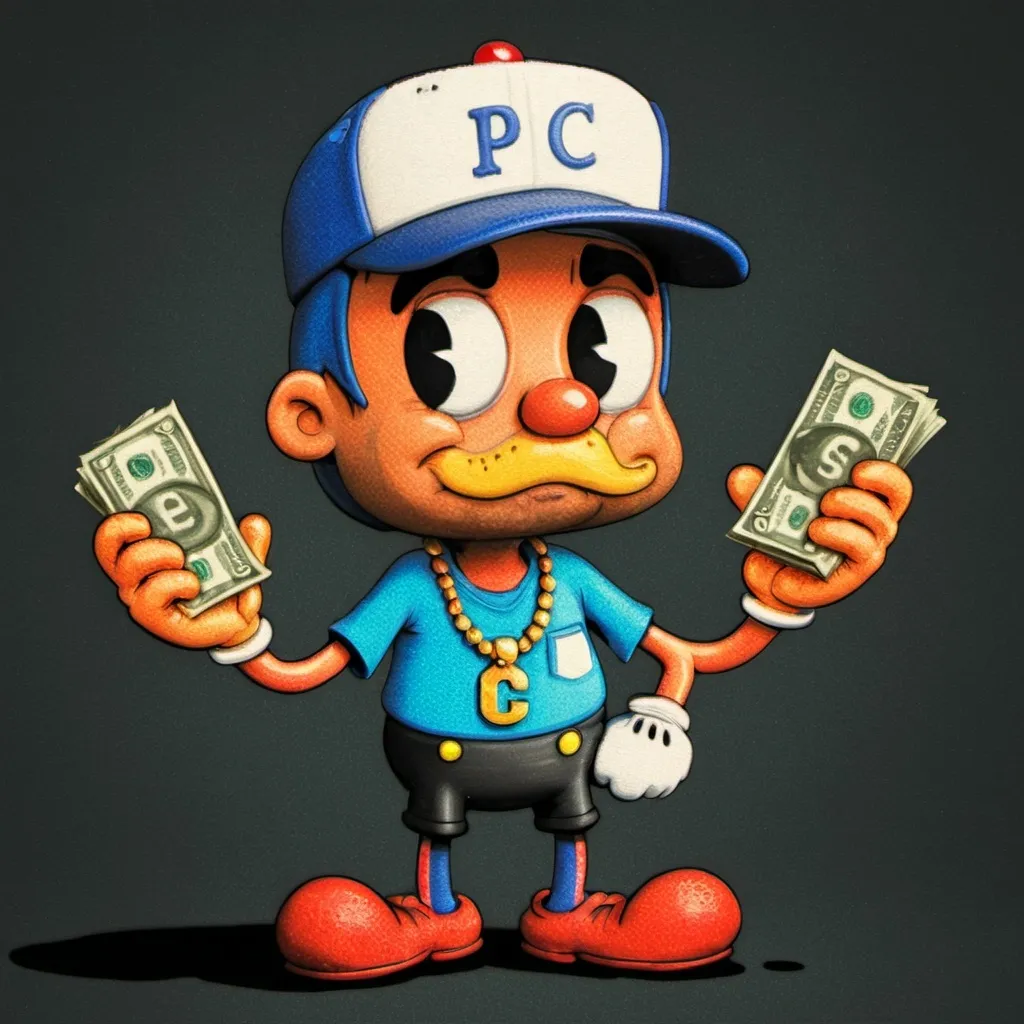 Prompt: a cartoon character with a baseball cap and a necklace on his neck and a hat on his head and money in his hands, Donald Pac, pop surrealism, stylized, a character portrait