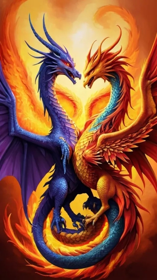 Prompt: Phoenix and dragon hugging each other. Phoenix should look like a bird with fiery red, yellow and orange color. The  dragon should look like a dragon and should be in shades o blue and purple. The image needs to depict a loving bond between dragon and phoenix depicting unity. Make sure the dragon and phoenix images are in portrait. 