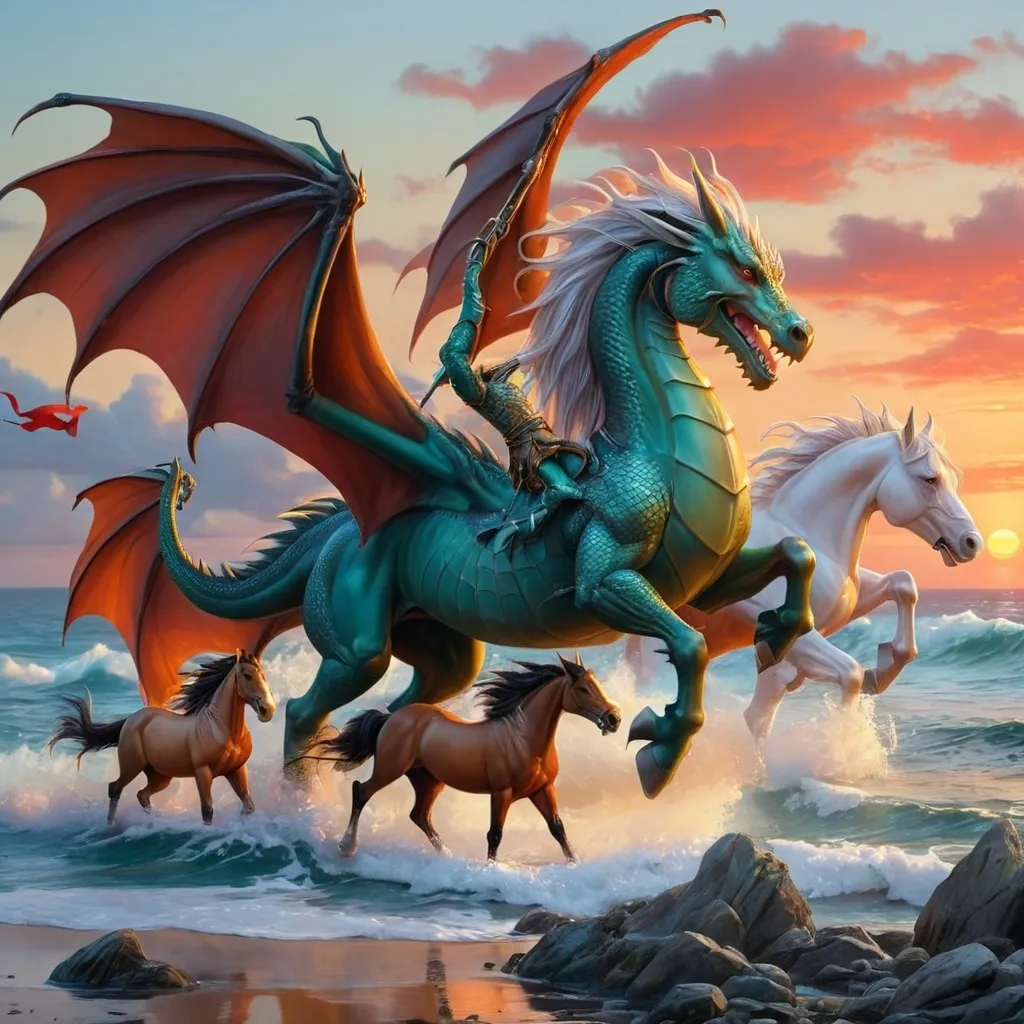 Prompt: dragon and horses by ocean