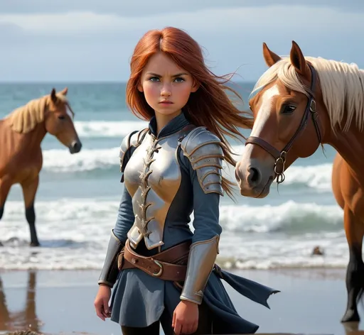 Prompt: girl worriar and horses by ocean