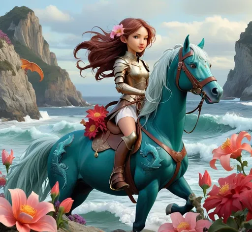 Prompt: dragon rider girl and ocean horses
and flowers