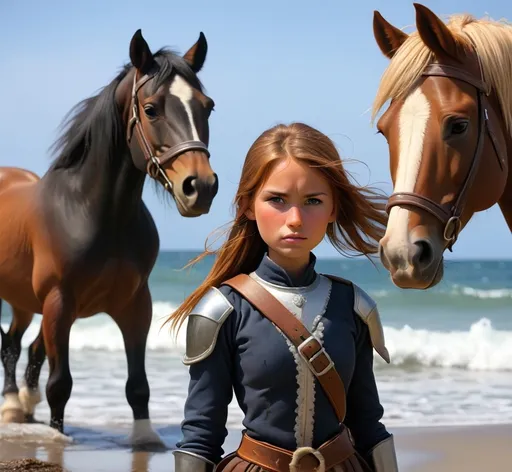 Prompt: girl worriar and horses by ocean