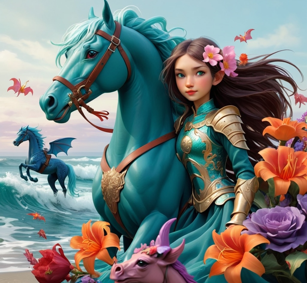 Prompt: dragon rider girl and ocean horses
and flowers