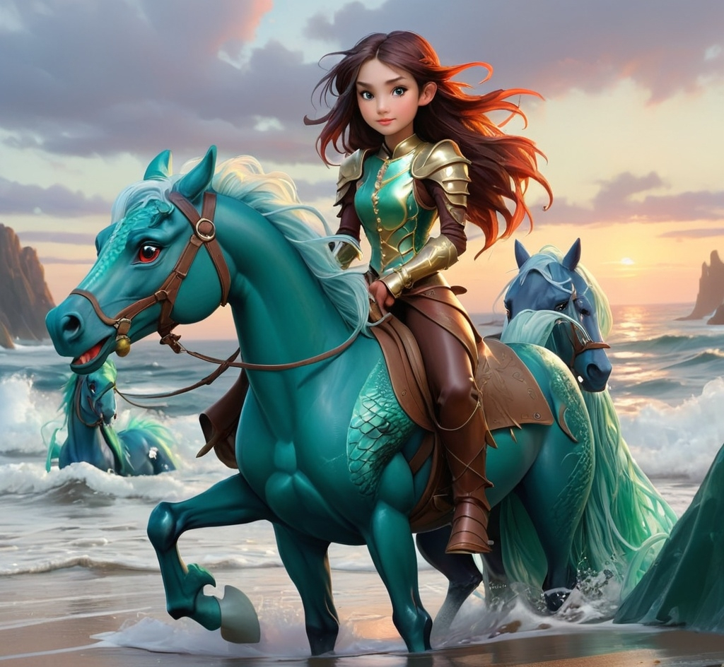 Prompt: dragon rider girl and ocean horses