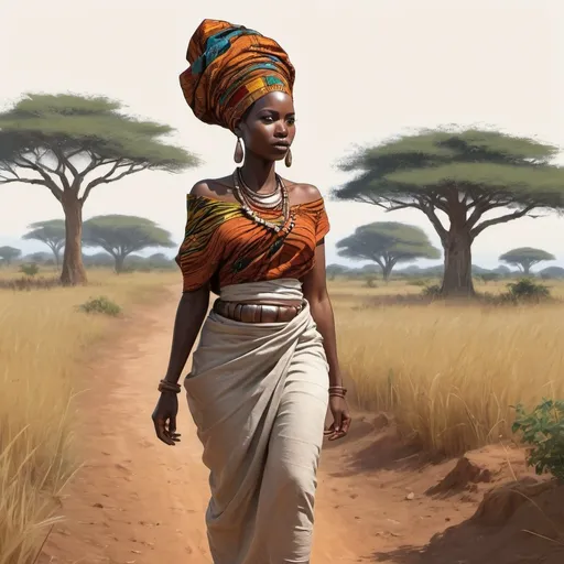 Prompt: Réalise moi une image 2D d'une femme africaine portant sur son dos dans un champ où la récolte était mauvaise.