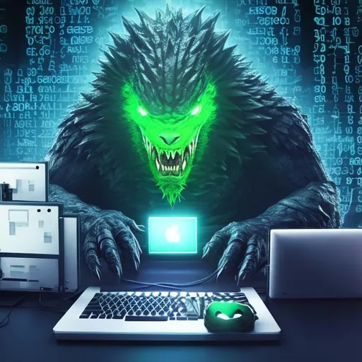 Prompt: Evil large dangerous monster dressed as a computer hacker  busting through defenses


