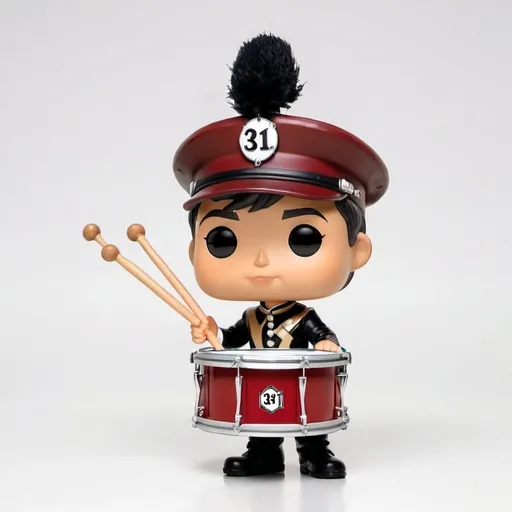 Prompt: Funko pop marching band boy with snare drum, drumstick, number 31 on hat on a white studio type with box on the side