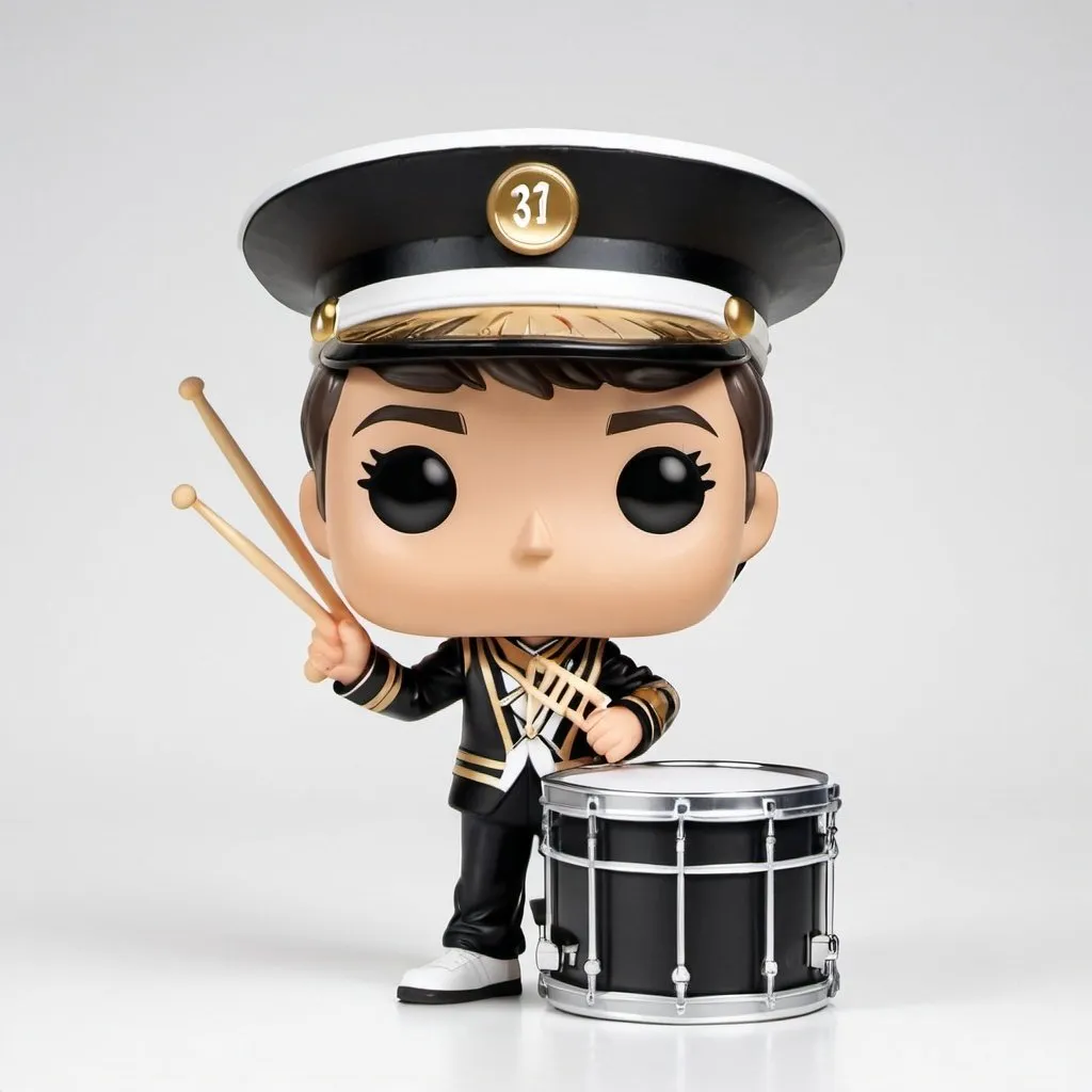 Prompt:  Funko pop marching band boy with snare drum, drumstick, number 31 on hat and a box on the side on a white studio type