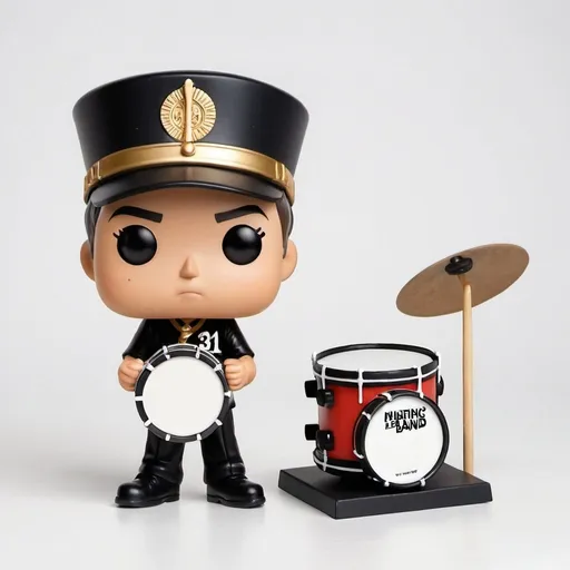 Prompt: Funko pop marching band boy with snare drum, drumstick, number 31 on hat and a box on the side on a white studio type