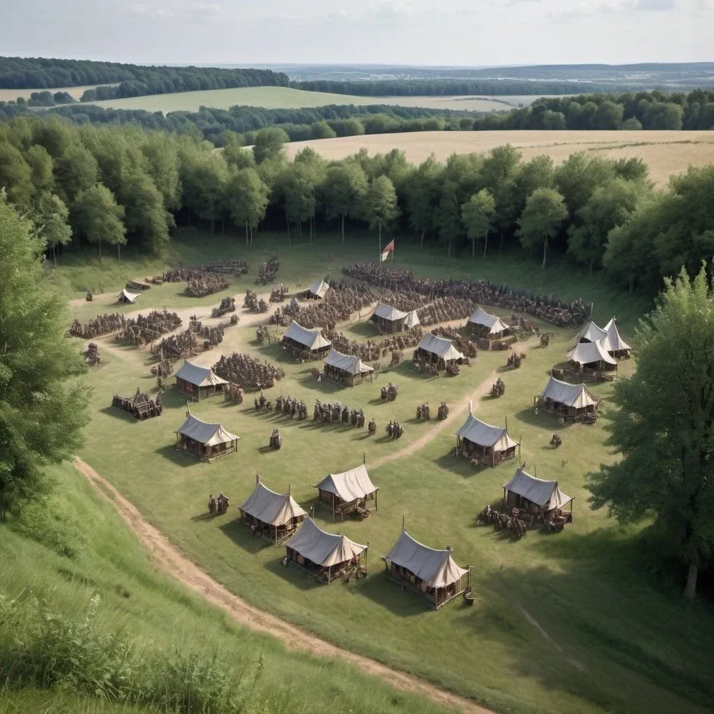 Prompt: medieval bandit army camp viewed from small hill