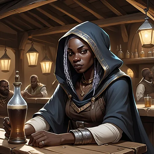 Prompt: female african wizard from DnD taking off a black hood sitting in a tavern