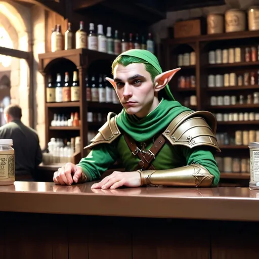 Prompt: D&D bored elf guard behind a counter