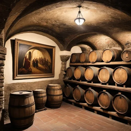 Prompt: Medieval cellar with a painting on the left wall