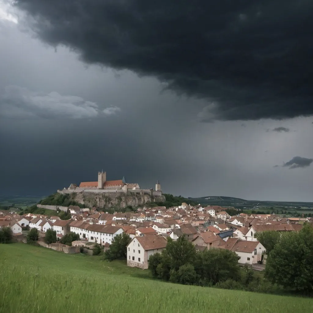 Prompt: small medieval town with dark clouds above, viewed from a distance