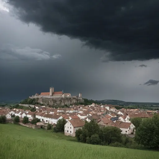 Prompt: small medieval town with dark clouds above, viewed from a distance