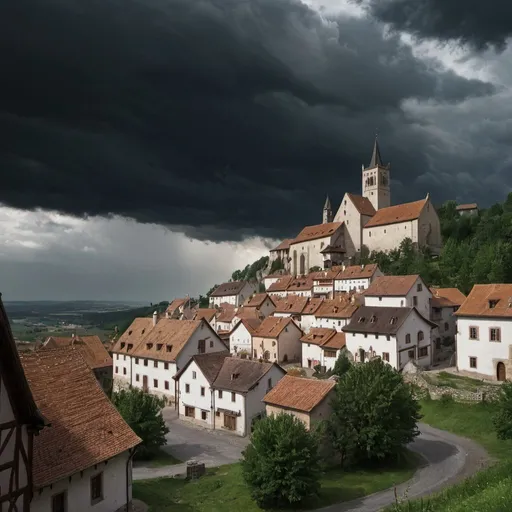 Prompt: small medieval town with dark clouds above