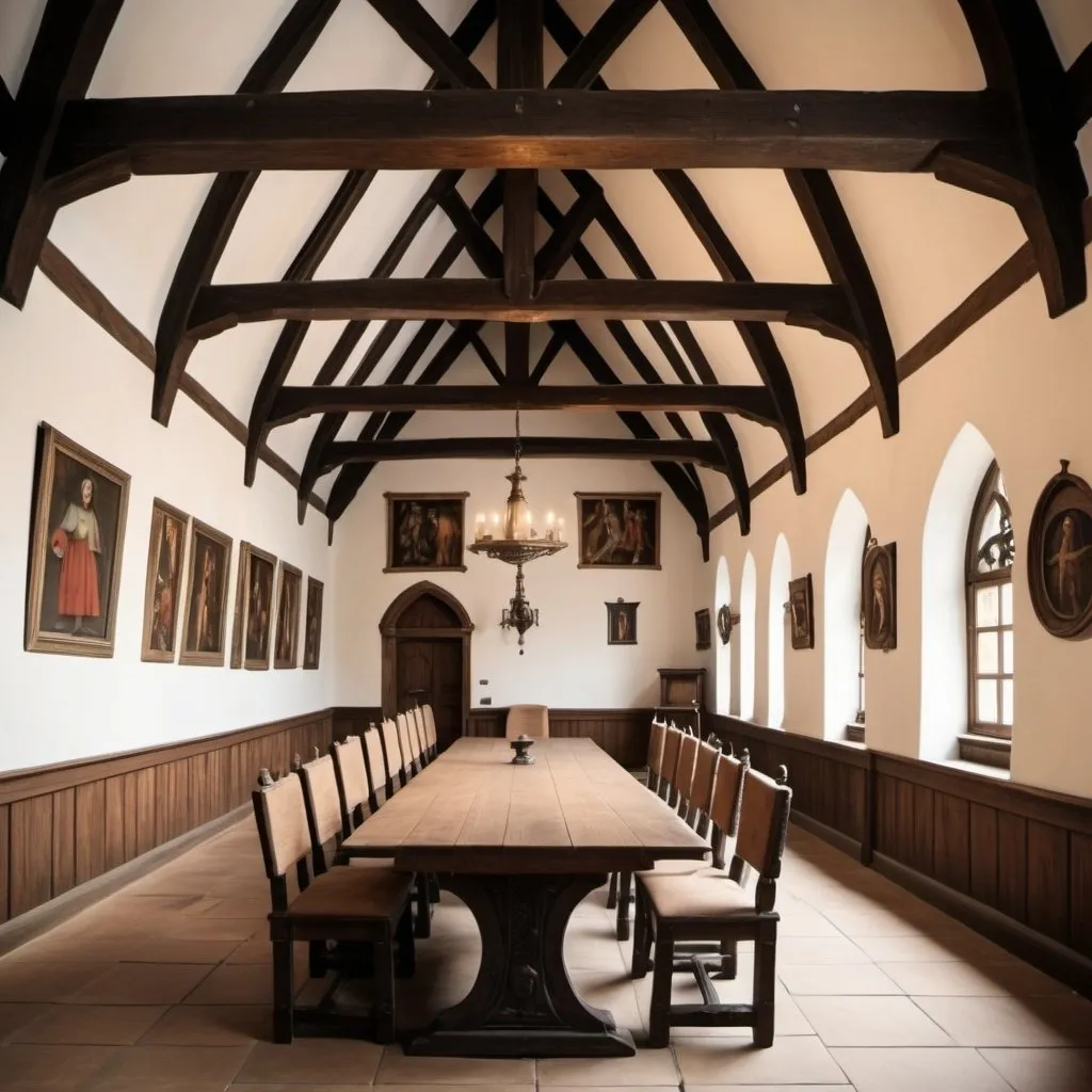 Prompt: Medieval German style small meeting hall with a long table
