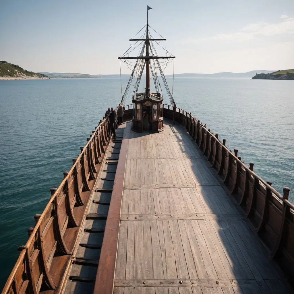 Prompt: A serene sea crossing on a medieval ferry